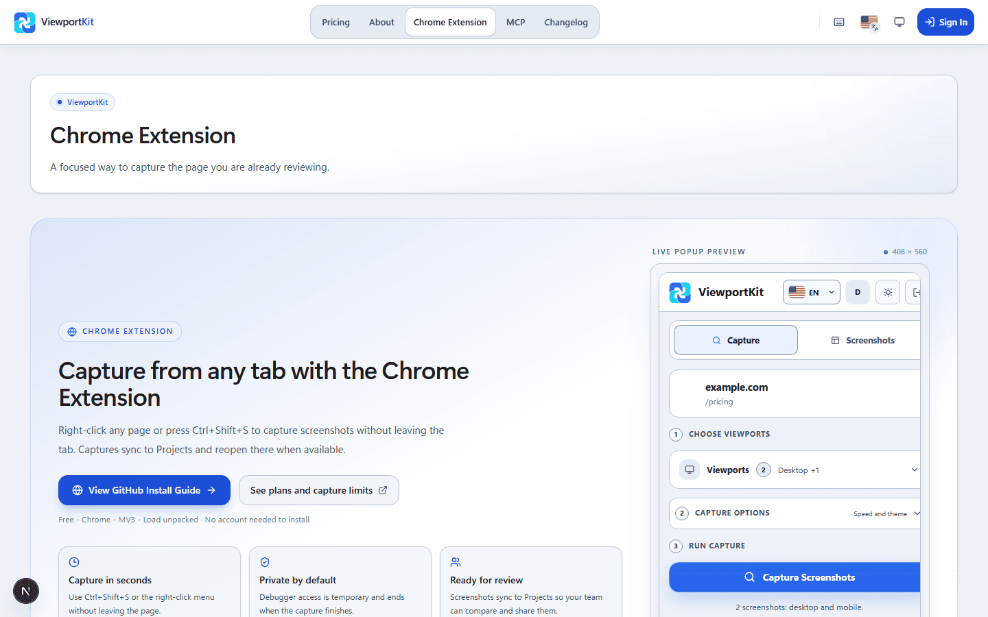 A ViewportKit browser extension capture preview for a page open in Chrome.
