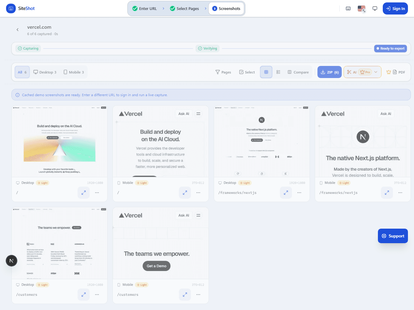 A ViewportKit results view with captured website screenshots organized by viewport.